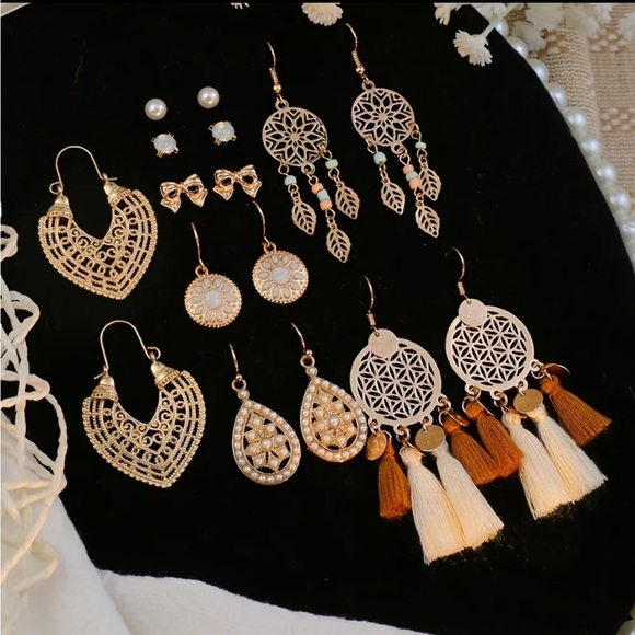 8 Pairs Boho Gold Embellished Drop Earrings Set - Picture 2 of 7